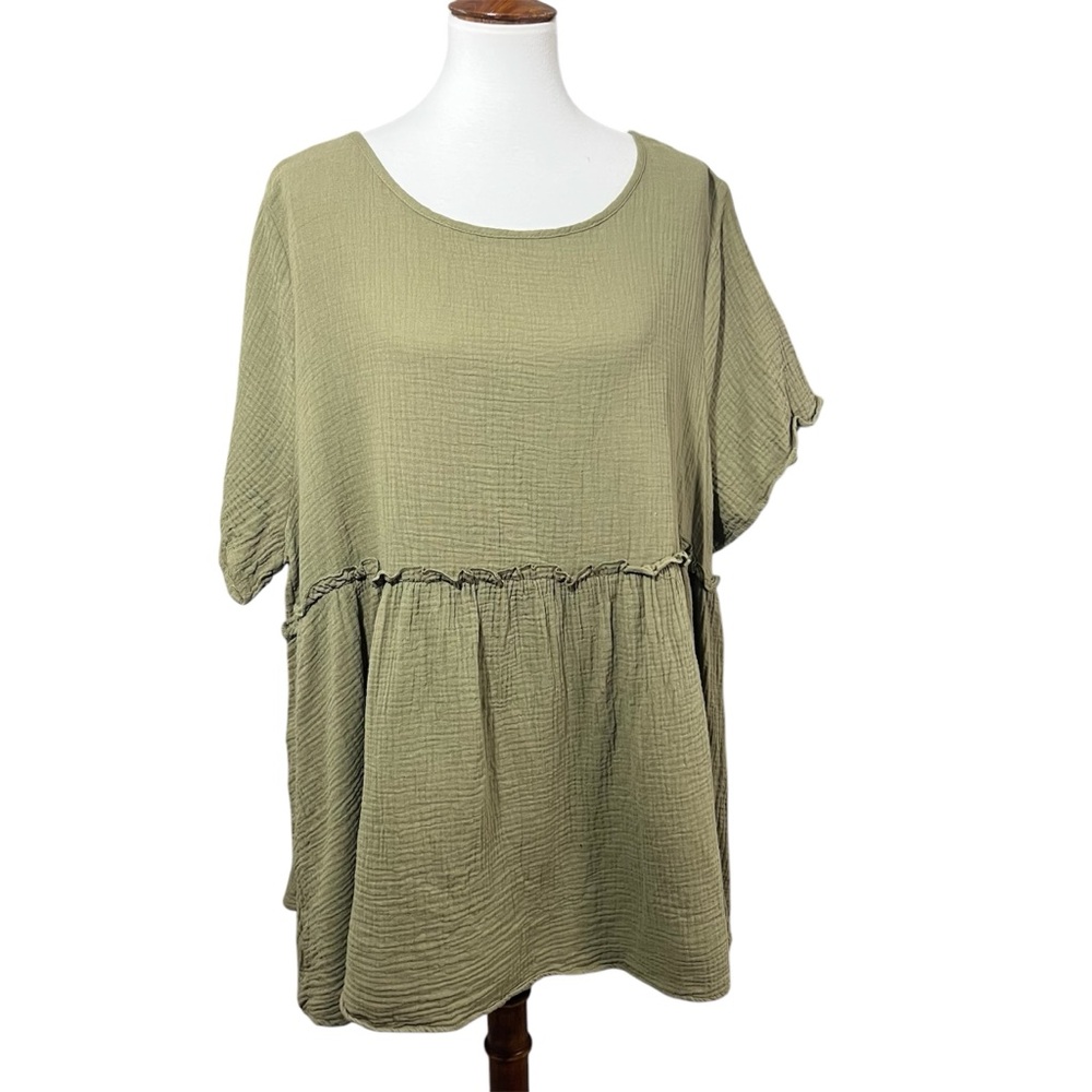 Emery Rose Olive Green Babydoll Top 4XL Plus Size Crepe Cotton Ruffle Flowy